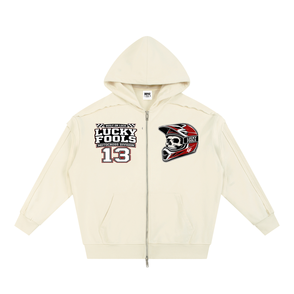 Contrast Tape Raw Edge Double Layered Zip Hoodie